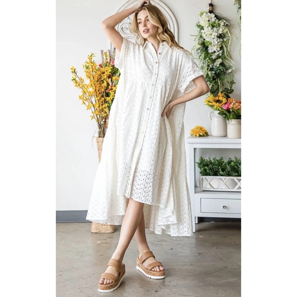 Oli & Hali Camilla Midi Dress Womens M White Eyelet Tiered Oversized Boho Chic